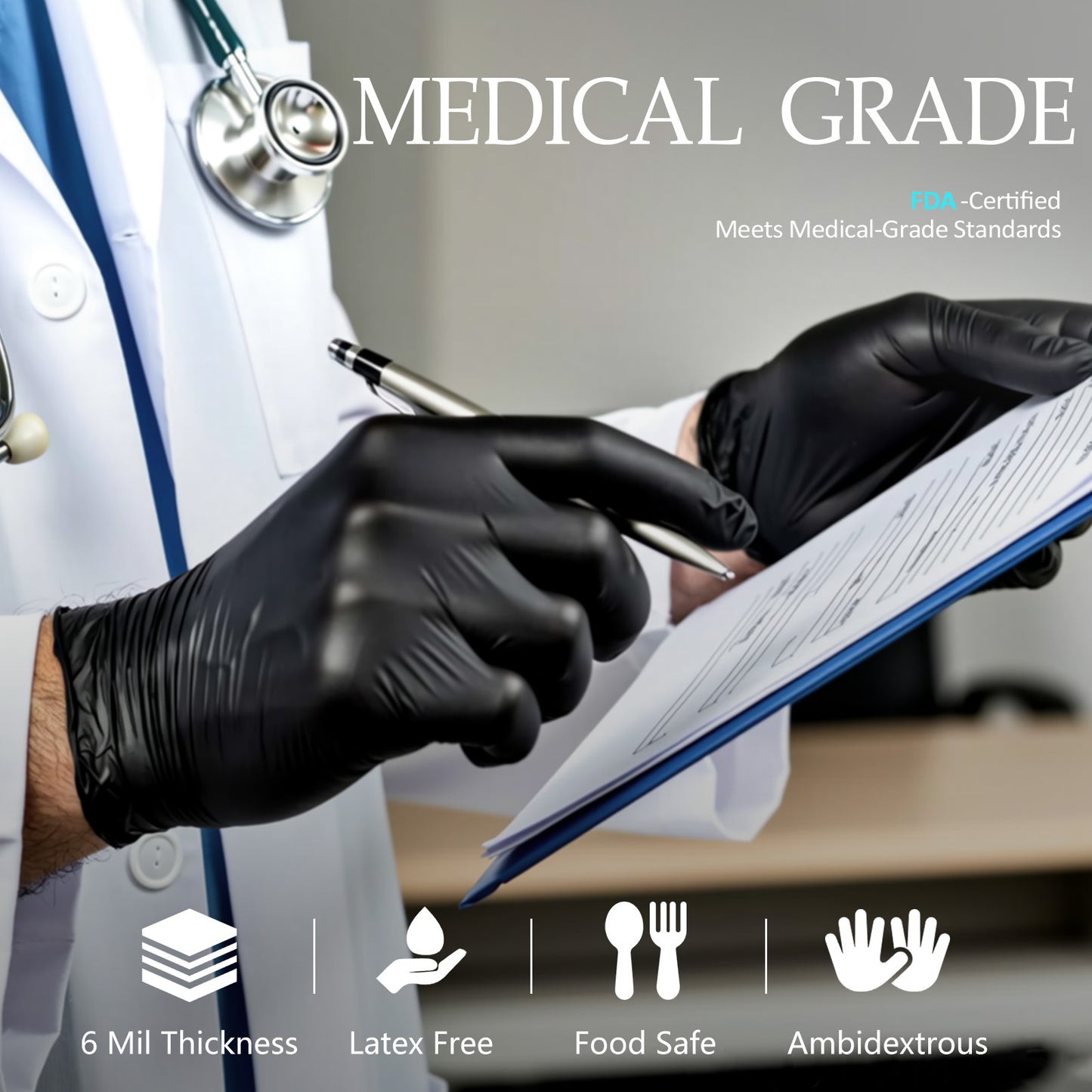PROMEDIX P Black Disposable Nitrile Gloves, 6Mil 100 Pcs Food Safe Cooking Gloves Latex Free Rubber Gloves for Cleaning Exam